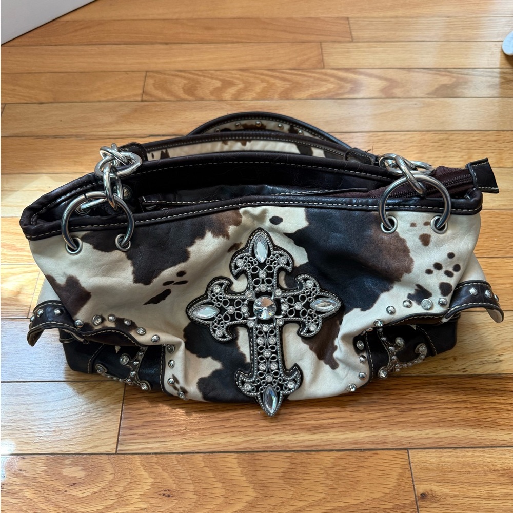 Vintage Y2K faux leather cowhide rhinestone country embellished shoulder bag